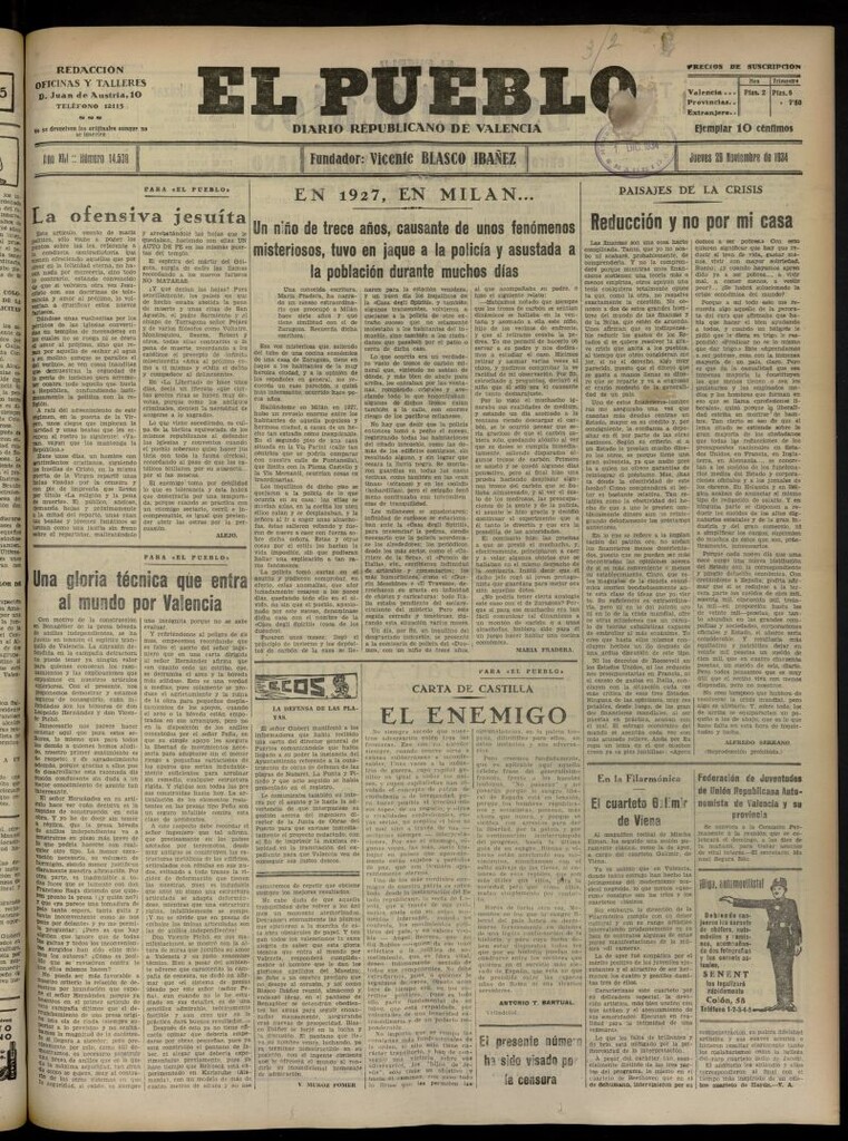 Miniatura de El Pueblo : Diario republicano de Valencia del 29 de noviembre de 1934, nº 14.539