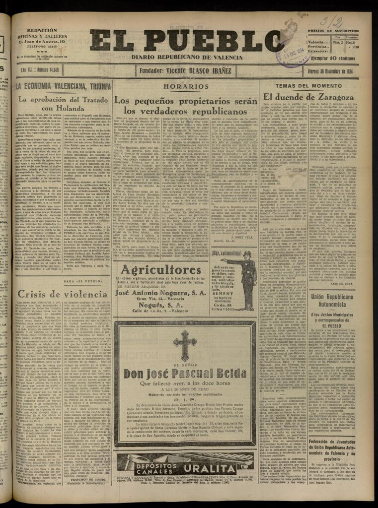 Miniatura de El Pueblo : Diario republicano de Valencia del 30 de noviembre de 1934, nº 14.540
