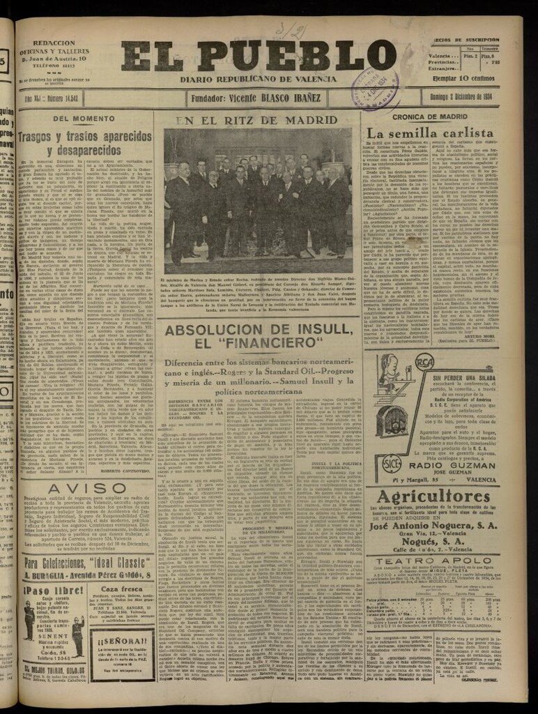 Miniatura de El Pueblo : Diario republicano de Valencia del 2 de diciembre de 1934, nº 14.542