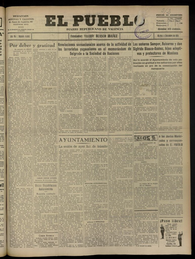 Miniatura de El Pueblo : Diario republicano de Valencia del 4 de diciembre de 1934, nº 14.543