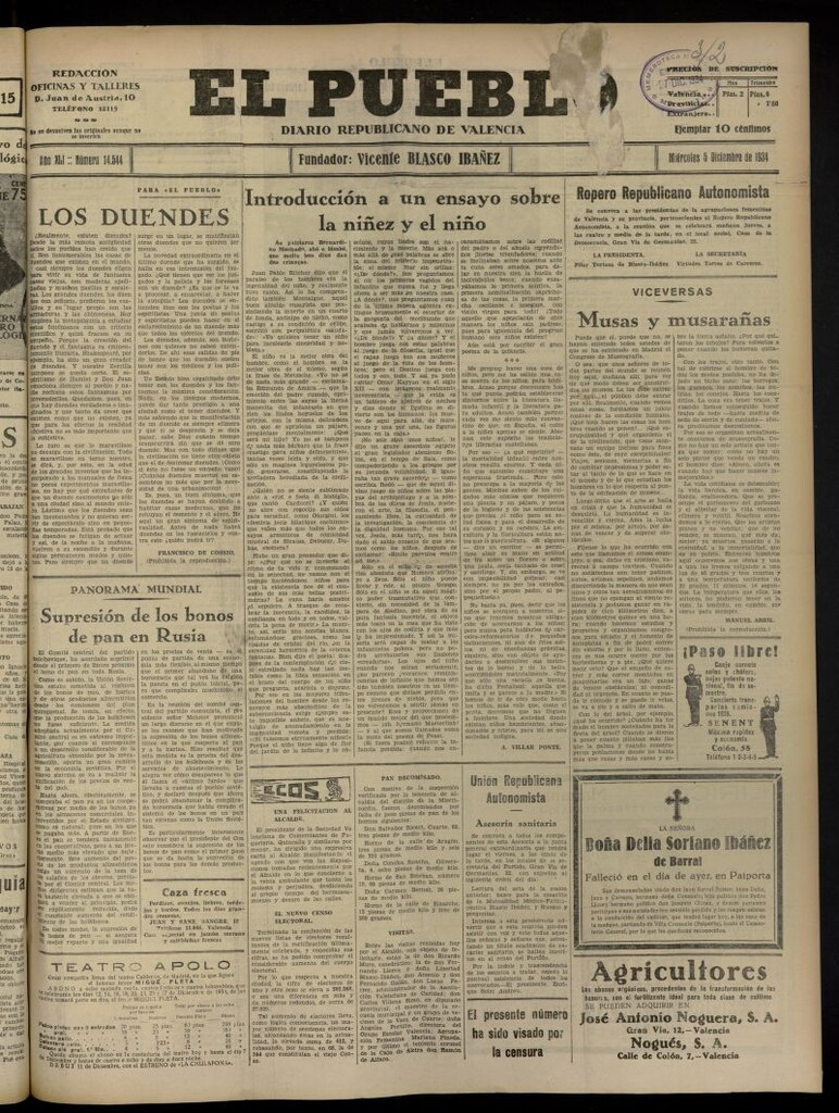 Miniatura de El Pueblo : Diario republicano de Valencia del 5 de diciembre de 1934, nº 14.544