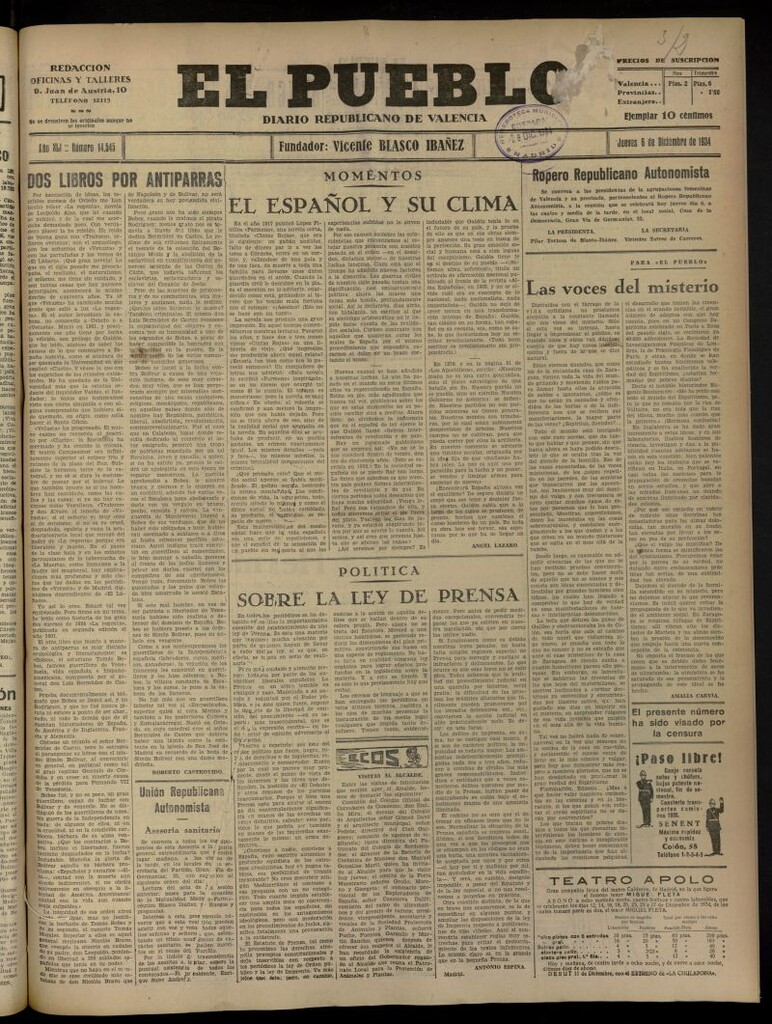 Miniatura de El Pueblo : Diario republicano de Valencia del 6 de diciembre de 1934, nº 14.545