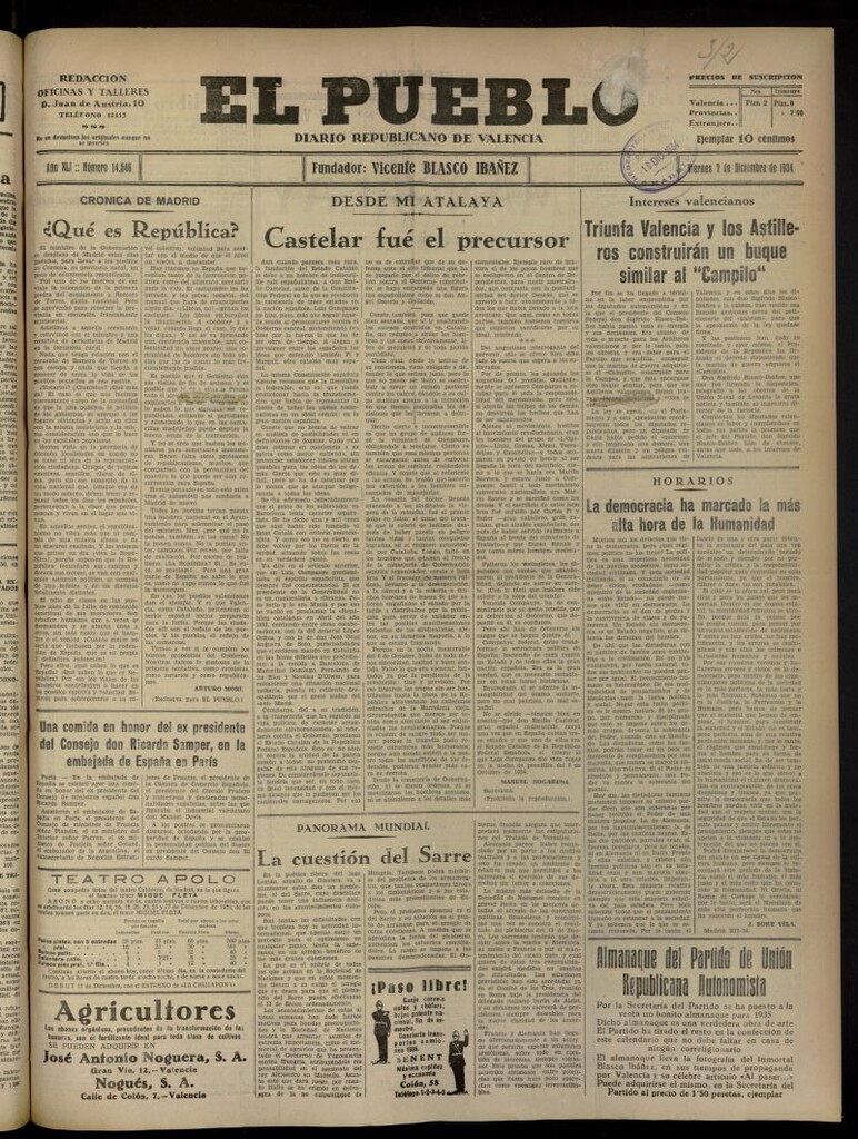 Miniatura de El Pueblo : Diario republicano de Valencia del 7 de diciembre de 1934, nº 14.546