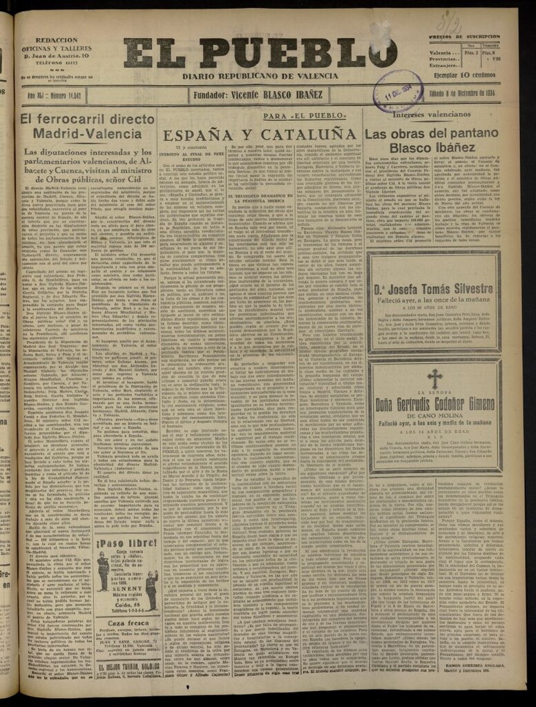 Miniatura de El Pueblo : Diario republicano de Valencia del 8 de diciembre de 1934, nº 14.547