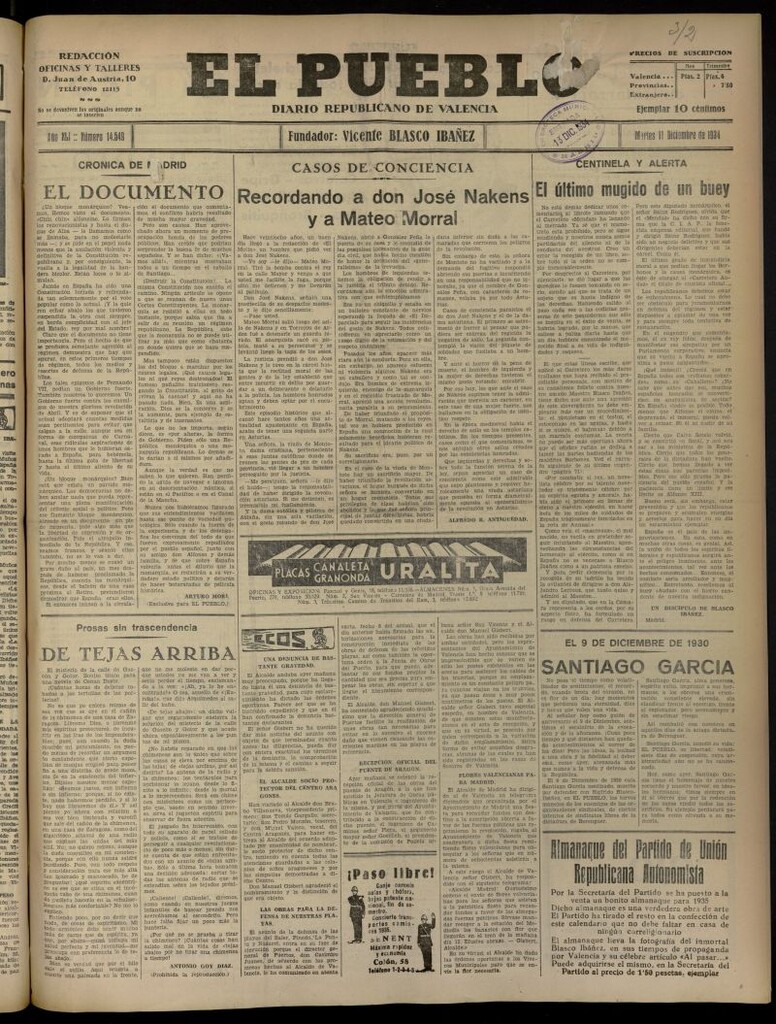 Miniatura de El Pueblo : Diario republicano de Valencia del 11 de diciembre de 1934, nº 14.549
