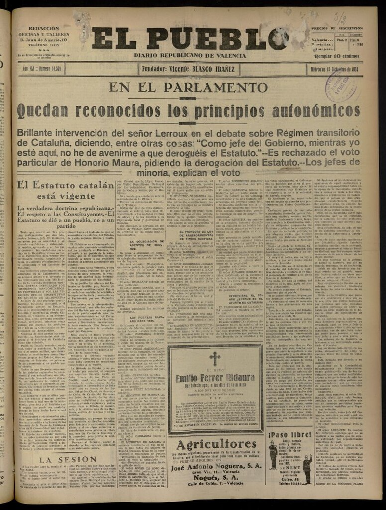 Miniatura de El Pueblo : Diario republicano de Valencia del 12 de diciembre de 1934, nº 14.550