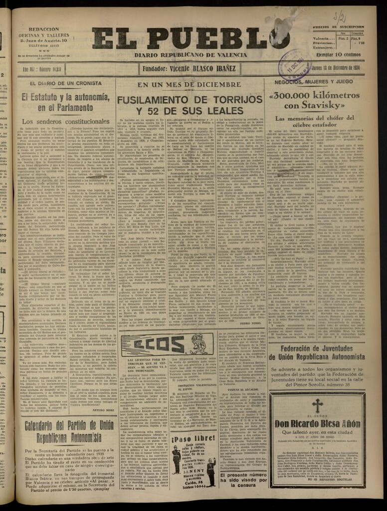 Miniatura de El Pueblo : Diario republicano de Valencia del 13 de diciembre de 1934, nº 14.551