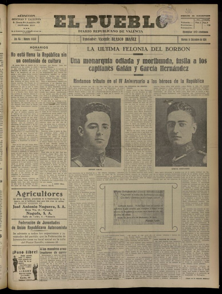 Miniatura de El Pueblo : Diario republicano de Valencia del 14 de diciembre de 1934, nº 14.552