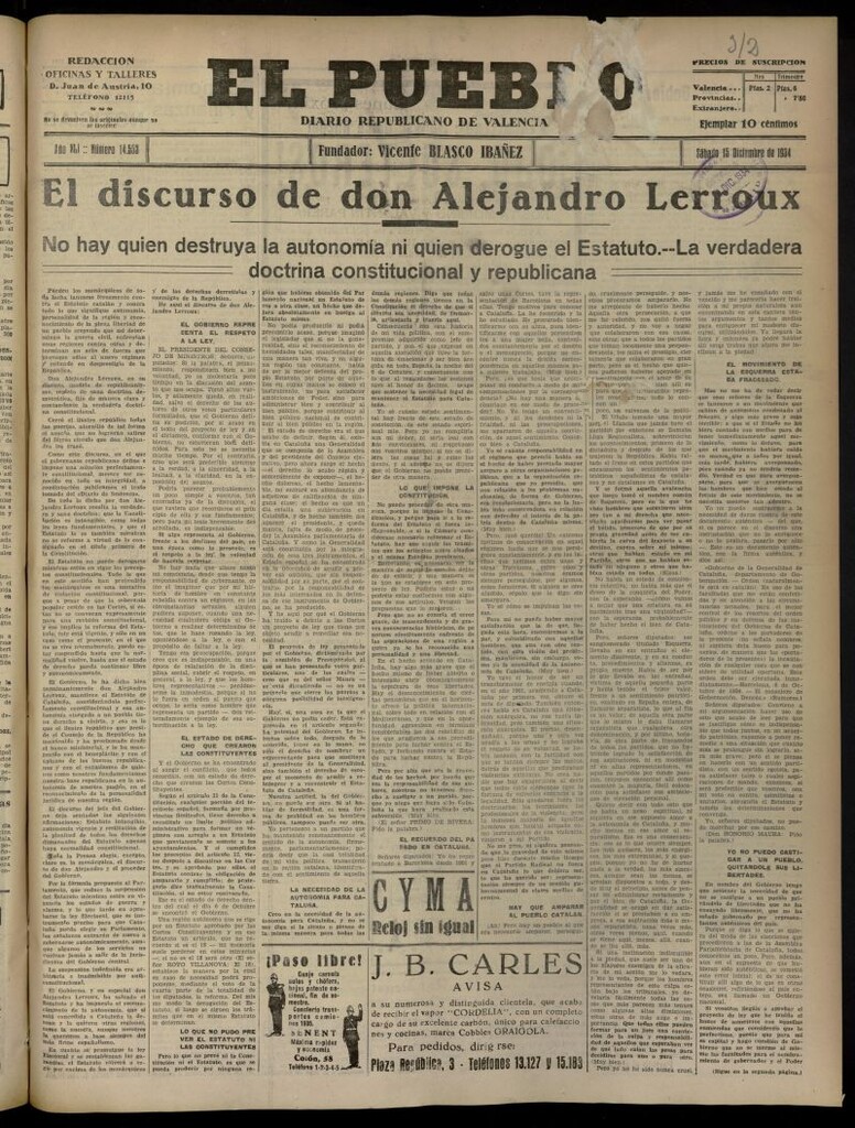 Miniatura de El Pueblo : Diario republicano de Valencia del 15 de diciembre de 1934, nº 14.553