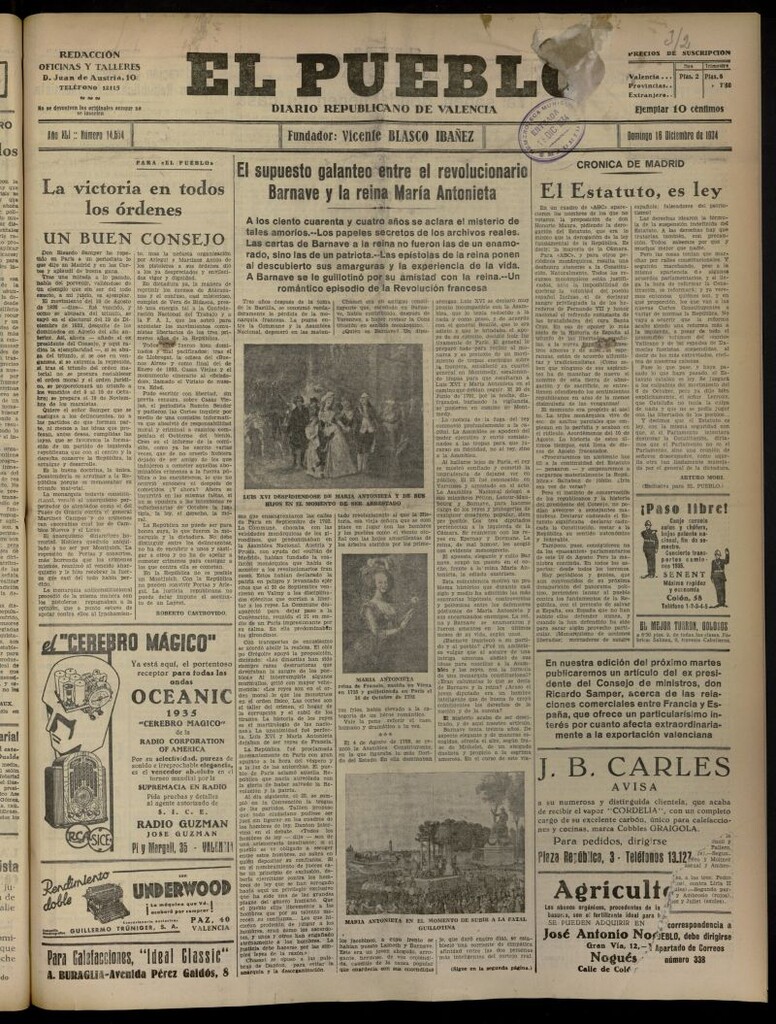 Miniatura de El Pueblo : Diario republicano de Valencia del 16 de diciembre de 1934, nº 14.554