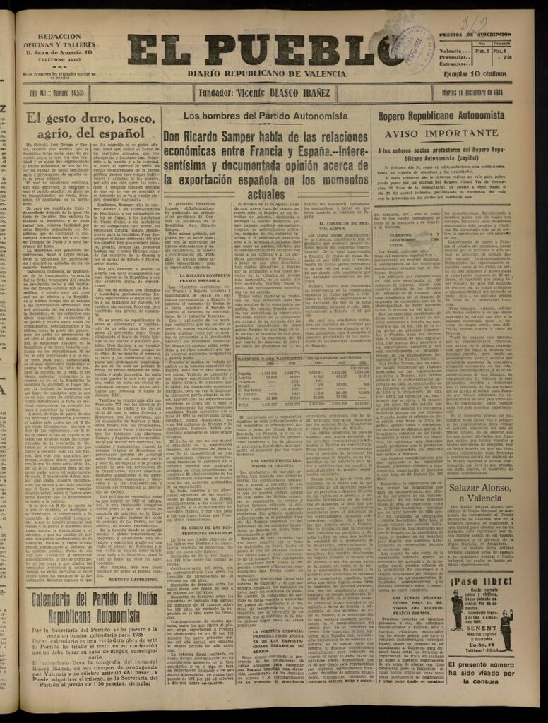 Miniatura de El Pueblo : Diario republicano de Valencia del 18 de diciembre de 1934, nº 14.555