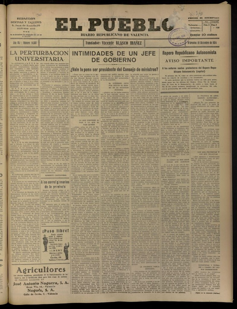 Miniatura de El Pueblo : Diario republicano de Valencia del 19 de diciembre de 1934, nº 14.556