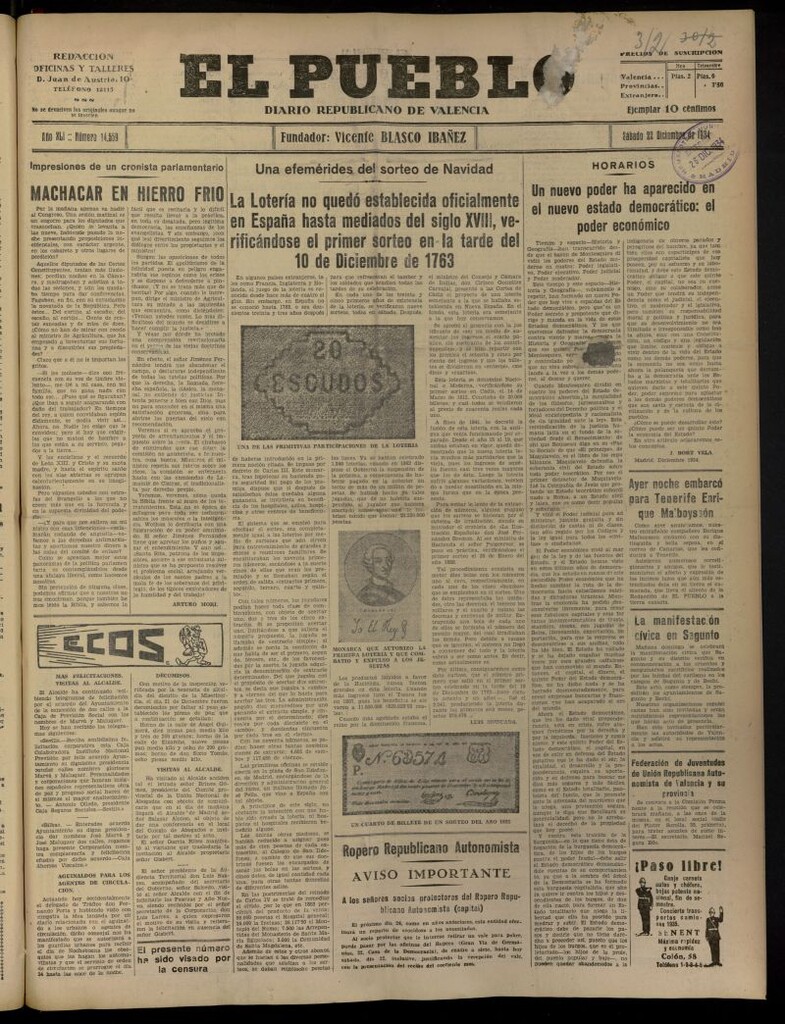 Miniatura de El Pueblo : Diario republicano de Valencia del 22 de diciembre de 1934, nº 14.559