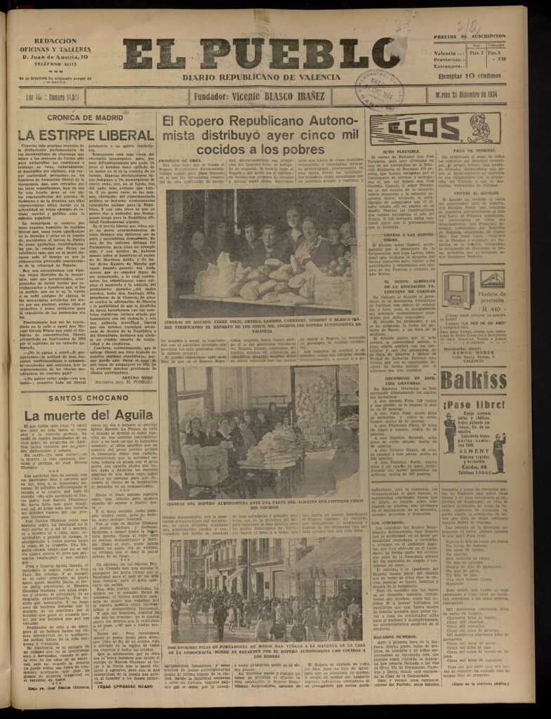 Miniatura de El Pueblo : Diario republicano de Valencia del 25 de diciembre de 1934, nº 14.561
