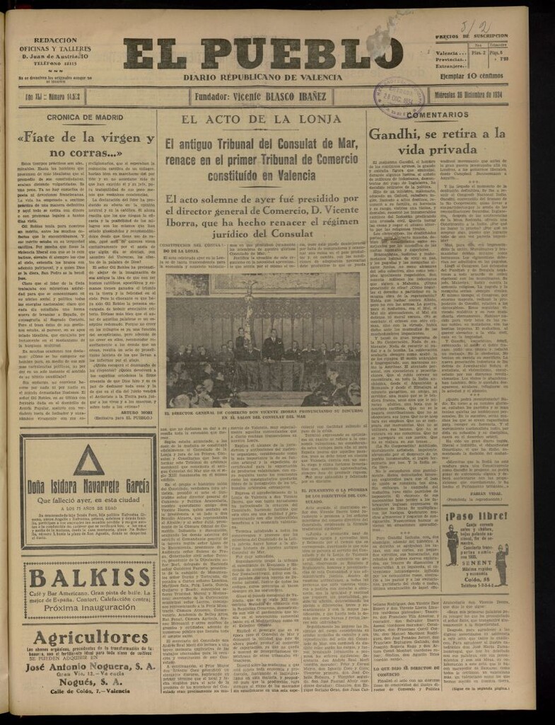Miniatura de El Pueblo : Diario republicano de Valencia del 26 de diciembre de 1934, nº 14.562