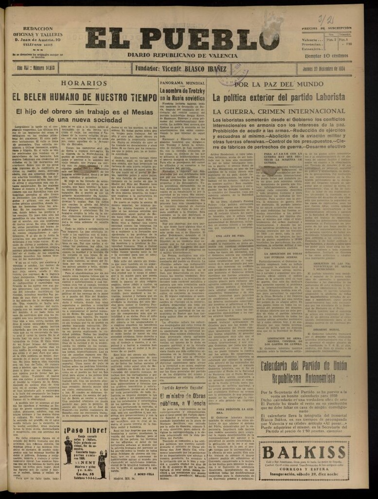 Miniatura de El Pueblo : Diario republicano de Valencia del 27 de diciembre de 1934, nº 14.563