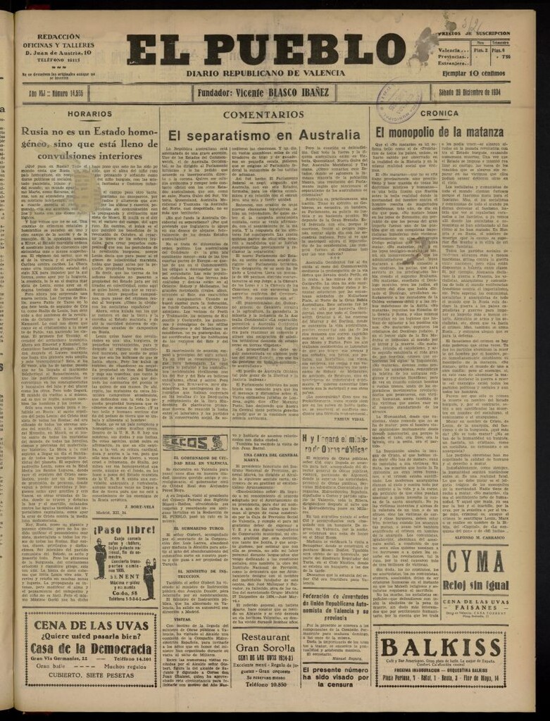 Miniatura de El Pueblo : Diario republicano de Valencia del 29 de diciembre de 1934, nº 14.565