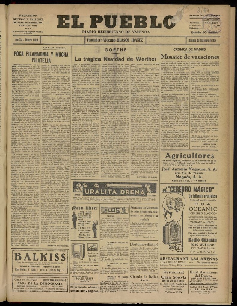 Miniatura de El Pueblo : Diario republicano de Valencia del 30 de diciembre de 1934, nº 14.566