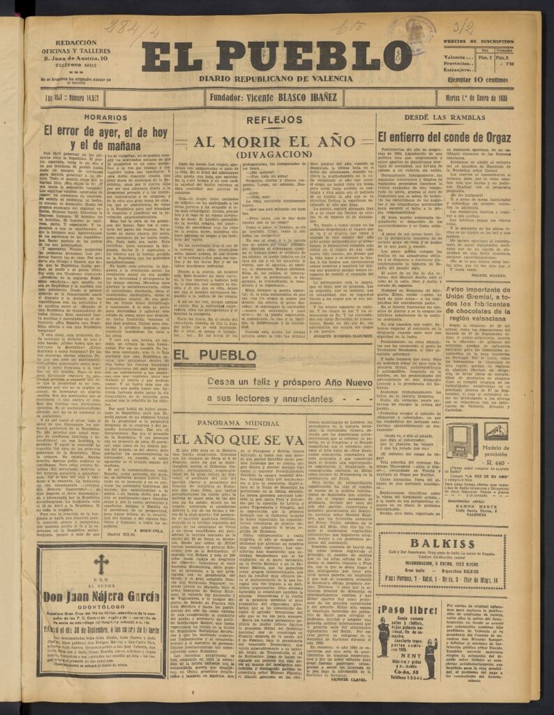 Miniatura de El Pueblo : Diario republicano de Valencia del 1 de enero de 1935, nº 14.567