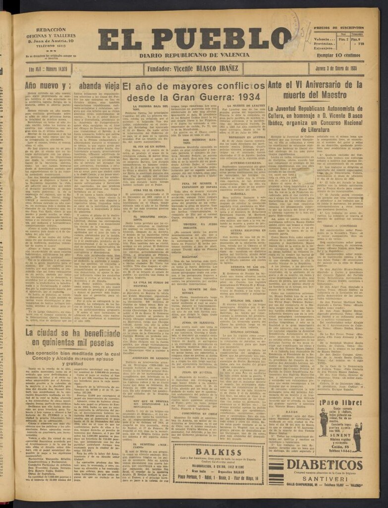 Miniatura de El Pueblo : Diario republicano de Valencia del 3 de enero de 1935, nº 14.569