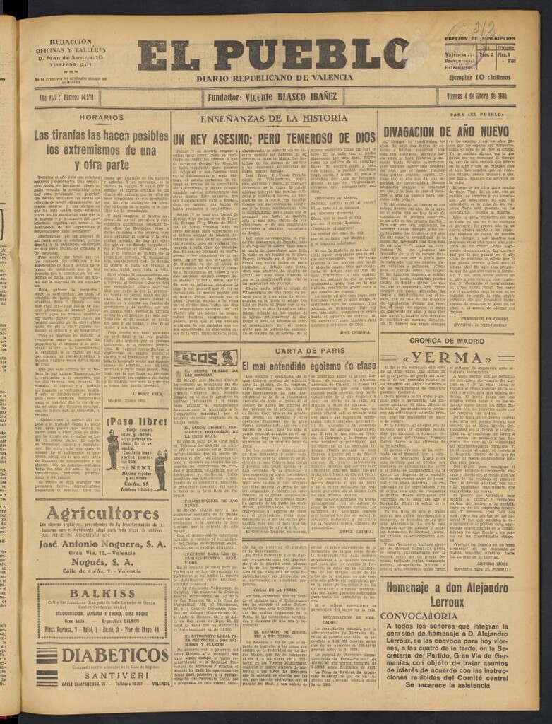 Miniatura de El Pueblo : Diario republicano de Valencia del 4 de enero de 1935, nº 14.570