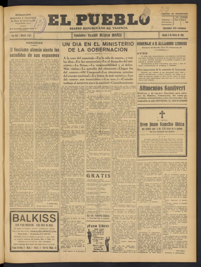 Miniatura de El Pueblo : Diario republicano de Valencia del 5 de enero de 1935, nº 14.571