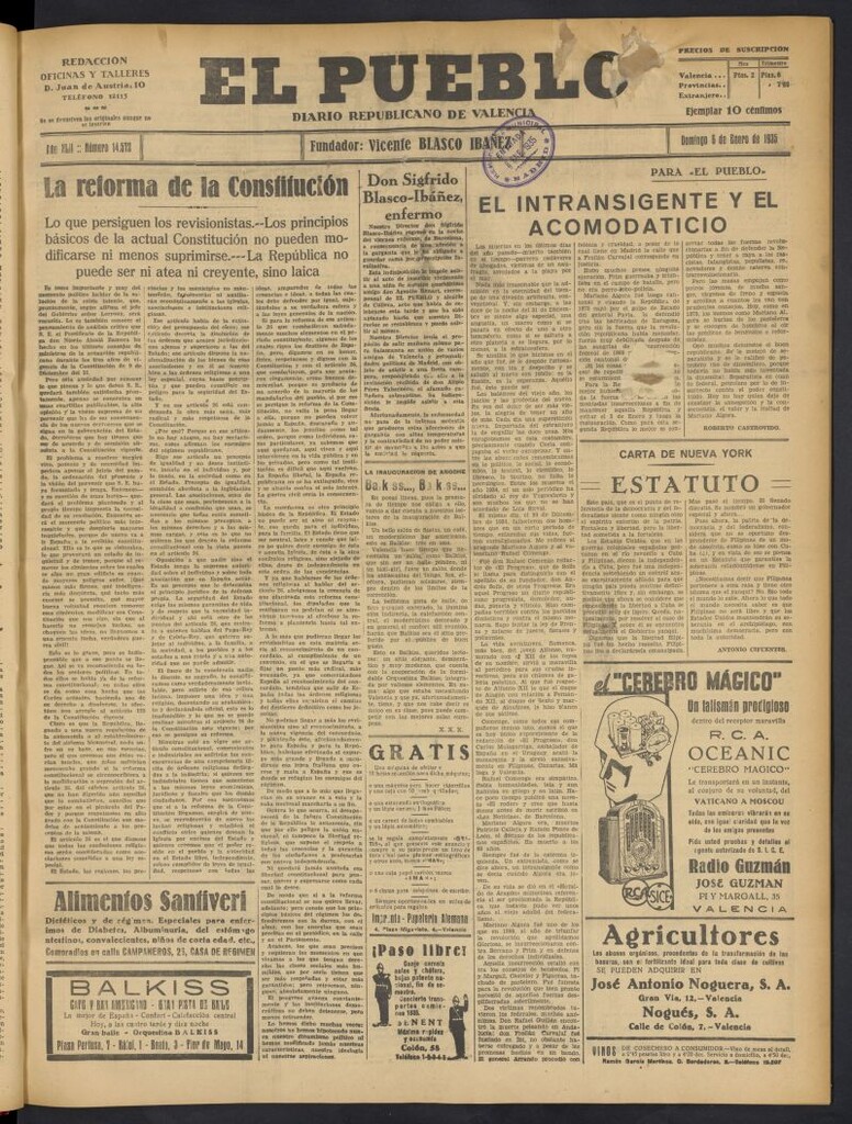 Miniatura de El Pueblo : Diario republicano de Valencia del 6 de enero de 1935, nº 14.572