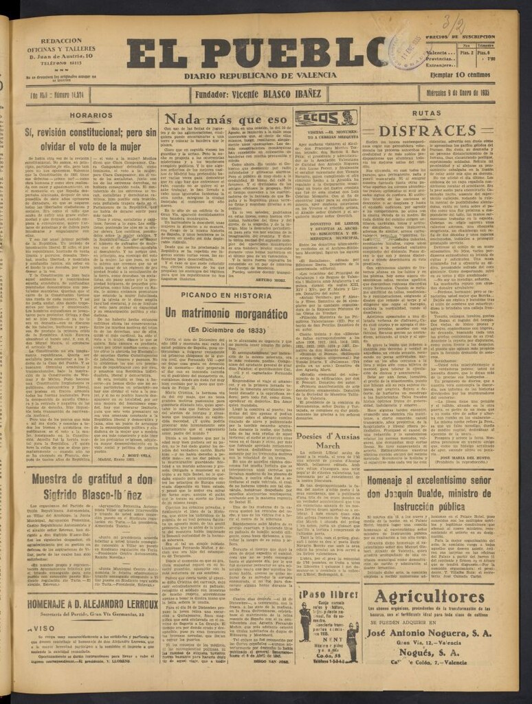 Miniatura de El Pueblo : Diario republicano de Valencia del 9 de enero de 1935, nº 14.574