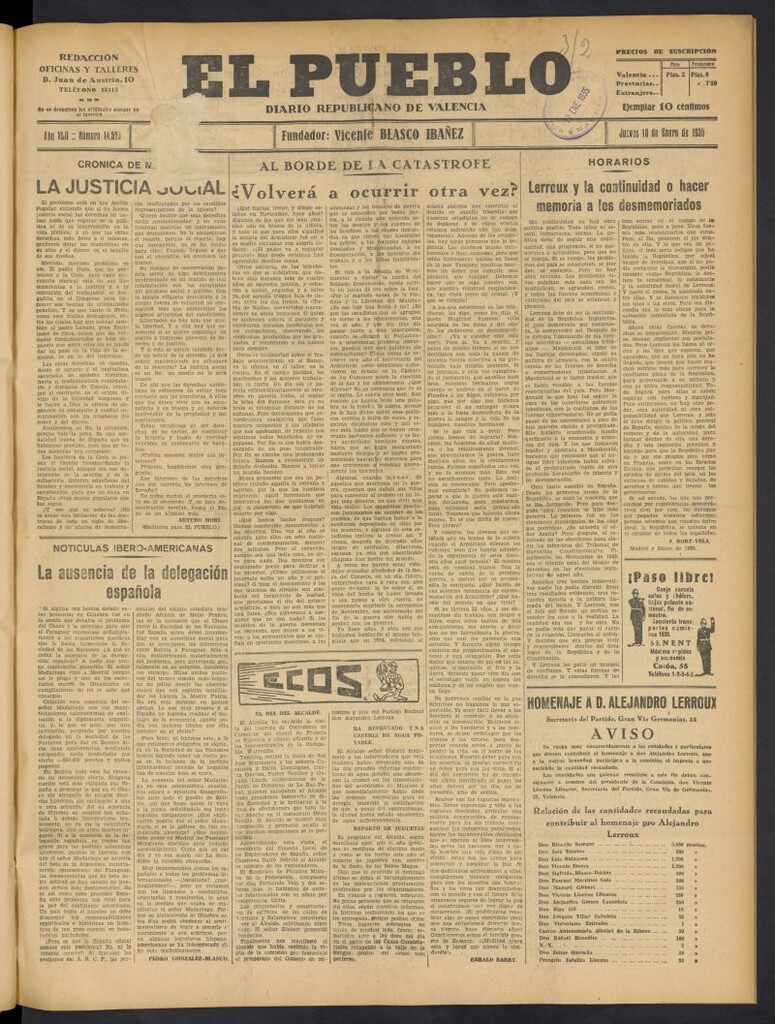 Miniatura de El Pueblo : Diario republicano de Valencia del 10 de enero de 1935, nº 14.575