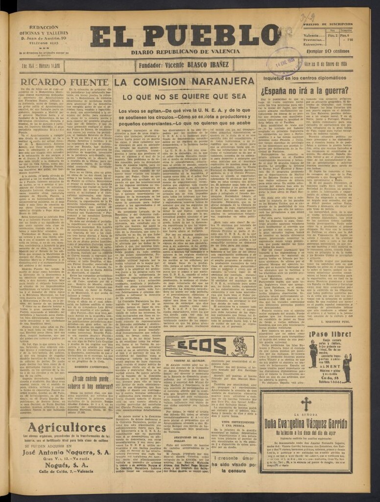 Miniatura de El Pueblo : Diario republicano de Valencia del 11 de enero de 1935, nº 14.576