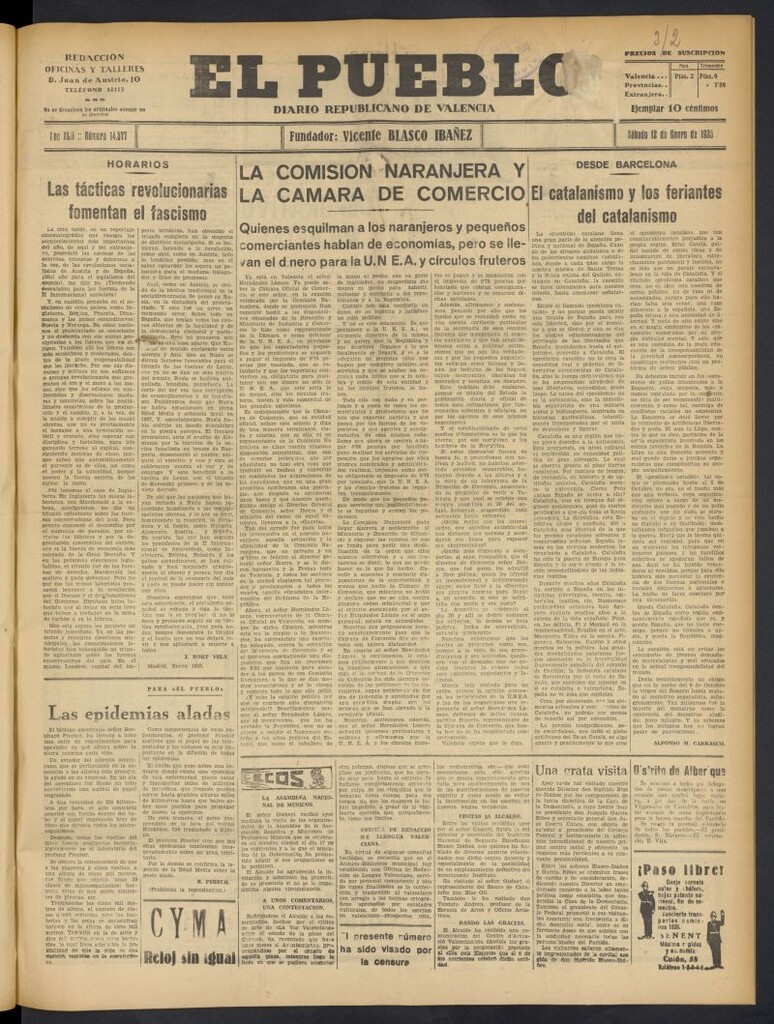 Miniatura de El Pueblo : Diario republicano de Valencia del 12 de enero de 1935, nº 14.577