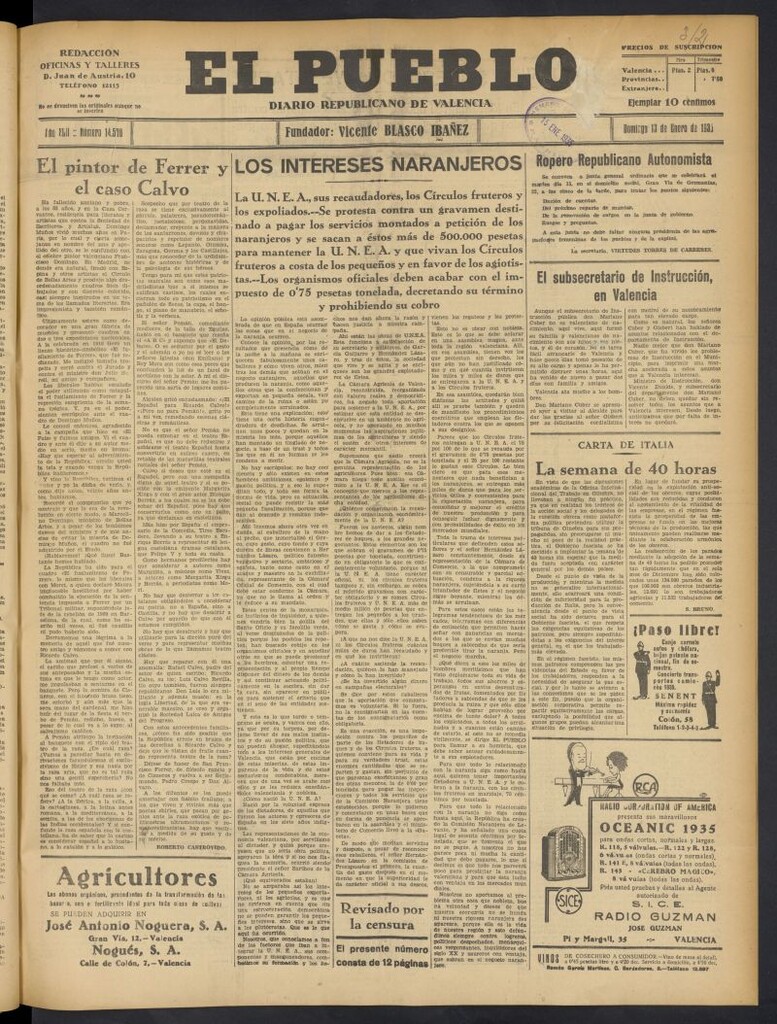 Miniatura de El Pueblo : Diario republicano de Valencia del 13 de enero de 1935, nº 14.578