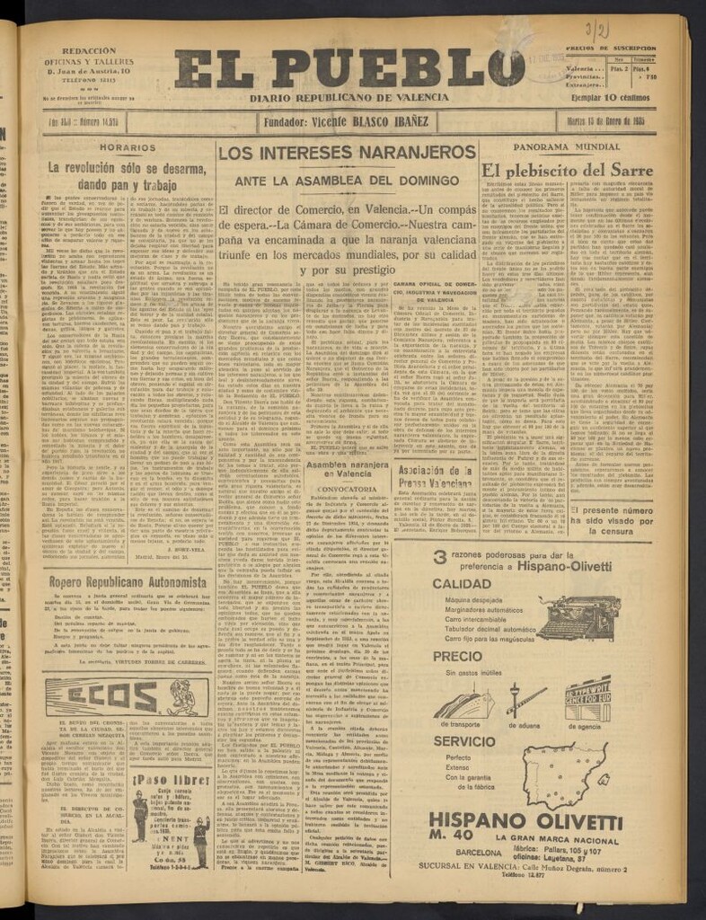 Miniatura de El Pueblo : Diario republicano de Valencia del 15 de enero de 1935, nº 14.579