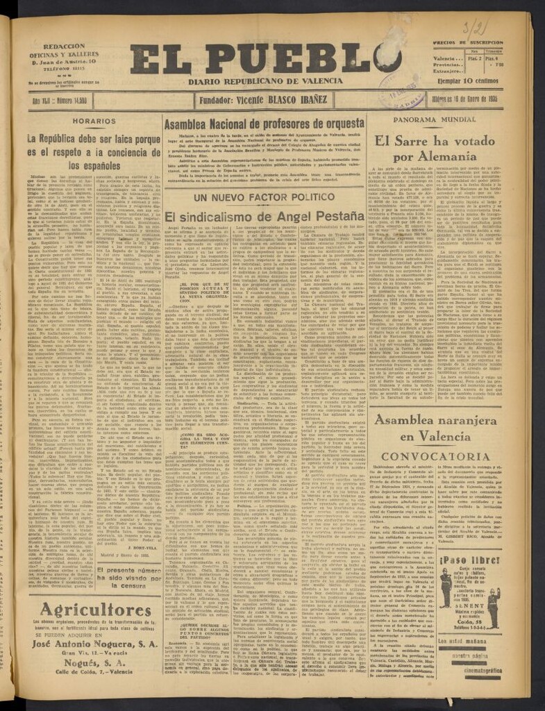 Miniatura de El Pueblo : Diario republicano de Valencia del 16 de enero de 1935, nº 14.580