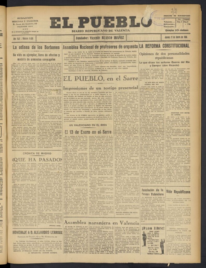 Miniatura de El Pueblo : Diario republicano de Valencia del 17 de enero de 1935, nº 14.581