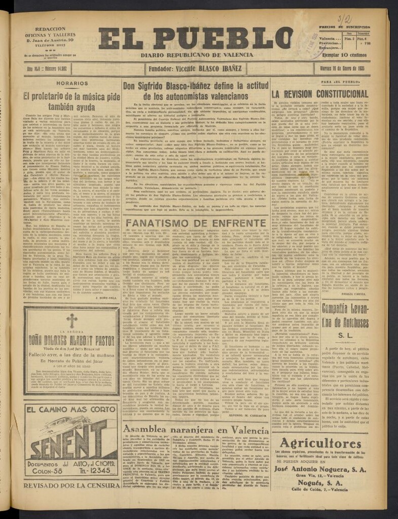 Miniatura de El Pueblo : Diario republicano de Valencia del 18 de enero de 1935, nº 14.582