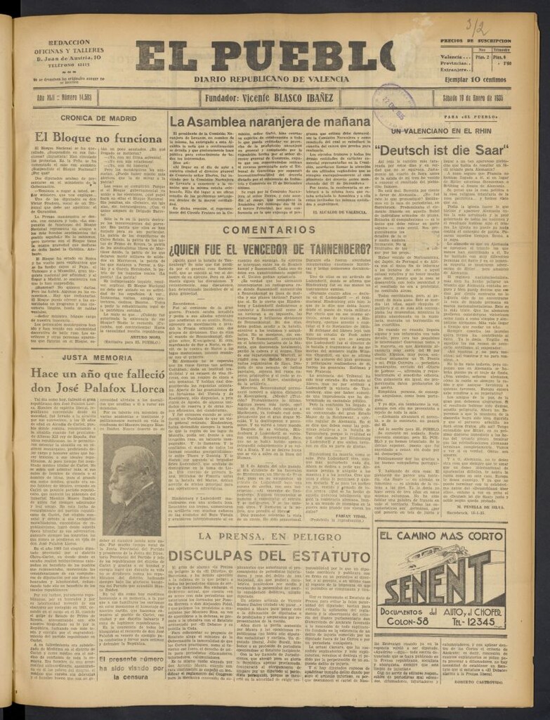 Miniatura de El Pueblo : Diario republicano de Valencia del 19 de enero de 1935, nº 14.583