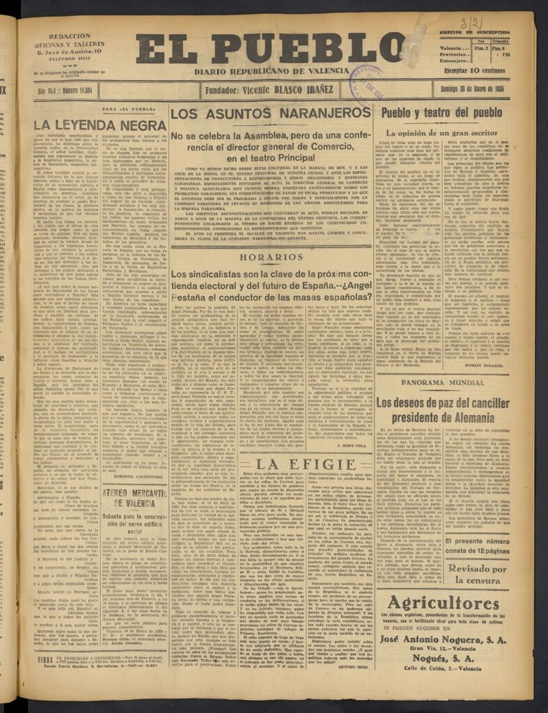 Miniatura de El Pueblo : Diario republicano de Valencia del 20 de enero de 1935, nº 14.584