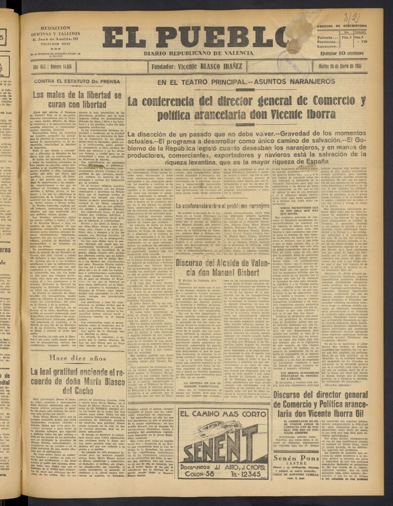 Miniatura de El Pueblo : Diario republicano de Valencia del 22 de enero de 1935, nº 14.585