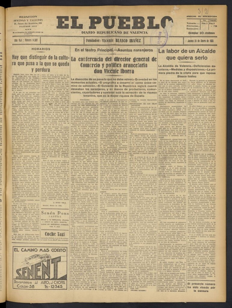 Miniatura de El Pueblo : Diario republicano de Valencia del 24 de enero de 1935, nº 14.587