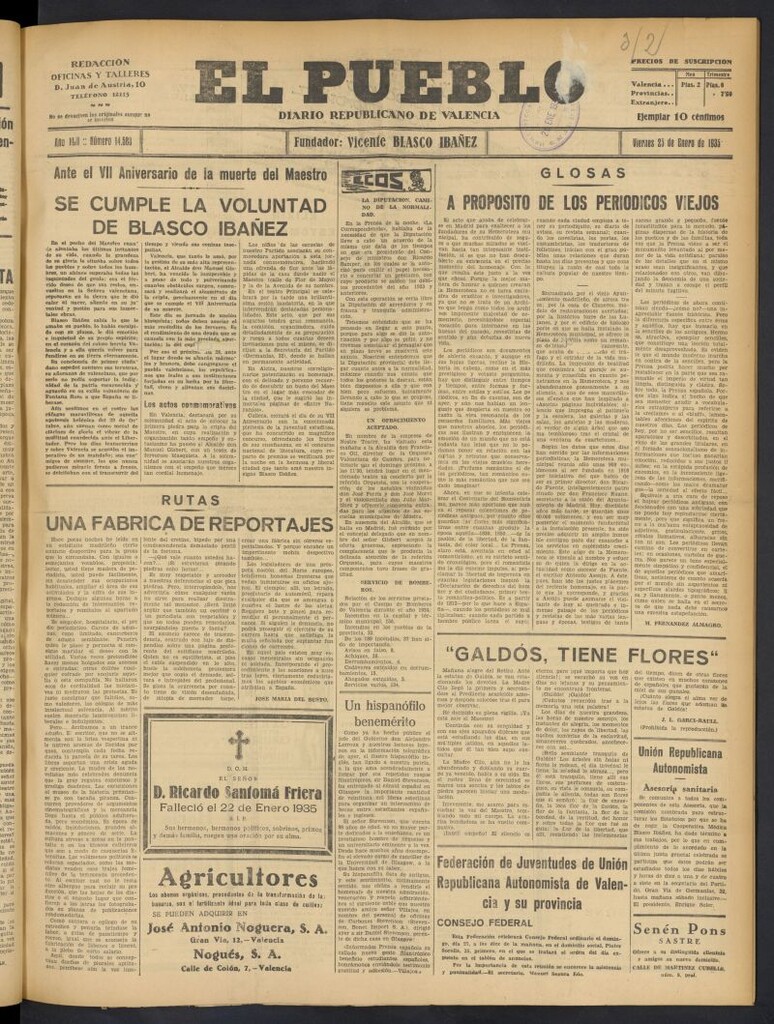 Miniatura de El Pueblo : Diario republicano de Valencia del 25 de enero de 1935, nº 14.588