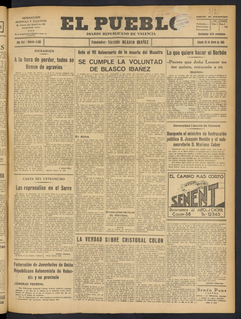 Miniatura de El Pueblo : Diario republicano de Valencia del 26 de enero de 1935, nº 14.589