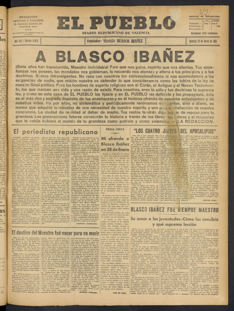 Miniatura de El Pueblo : Diario republicano de Valencia del 27 de enero de 1935, nº 14.590