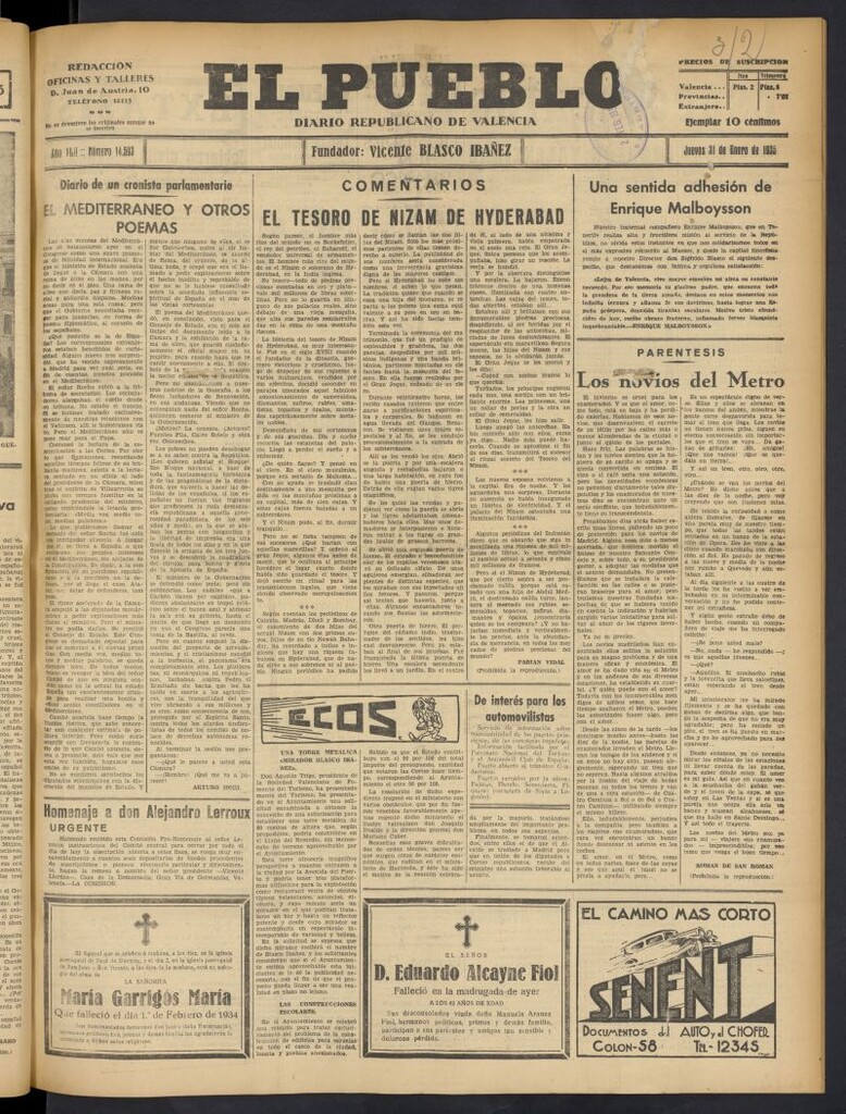 Miniatura de El Pueblo : Diario republicano de Valencia del 31 de enero de 1935, nº 14.593