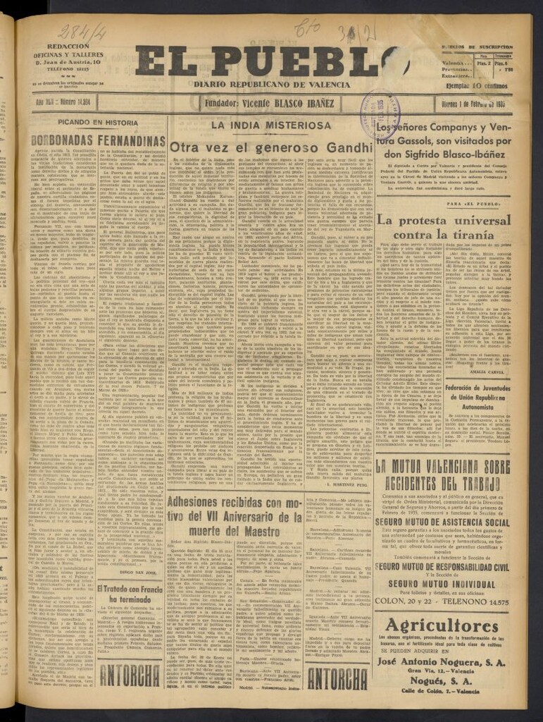 Miniatura de El Pueblo : Diario republicano de Valencia del 1 de febrero de 1935, nº 14.594