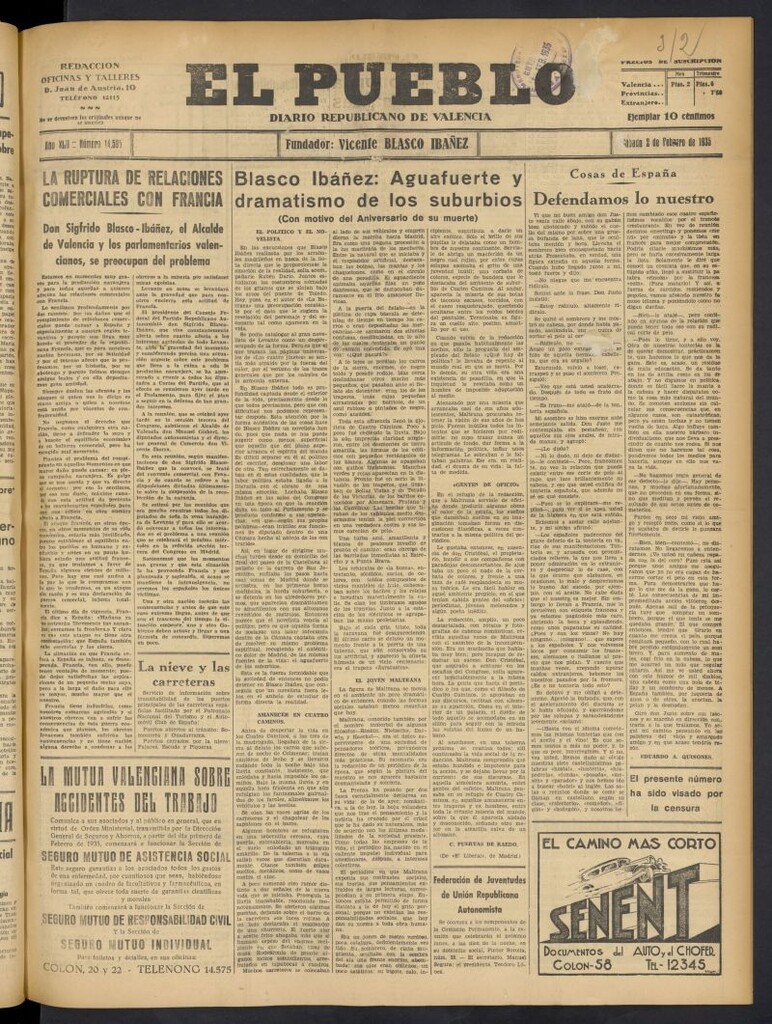 Miniatura de El Pueblo : Diario republicano de Valencia del 2 de febrero de 1935, nº 14.595
