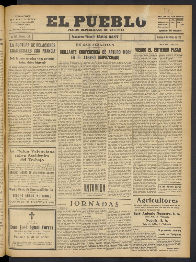 Miniatura de El Pueblo : Diario republicano de Valencia del 3 de febrero de 1935, nº 14.596