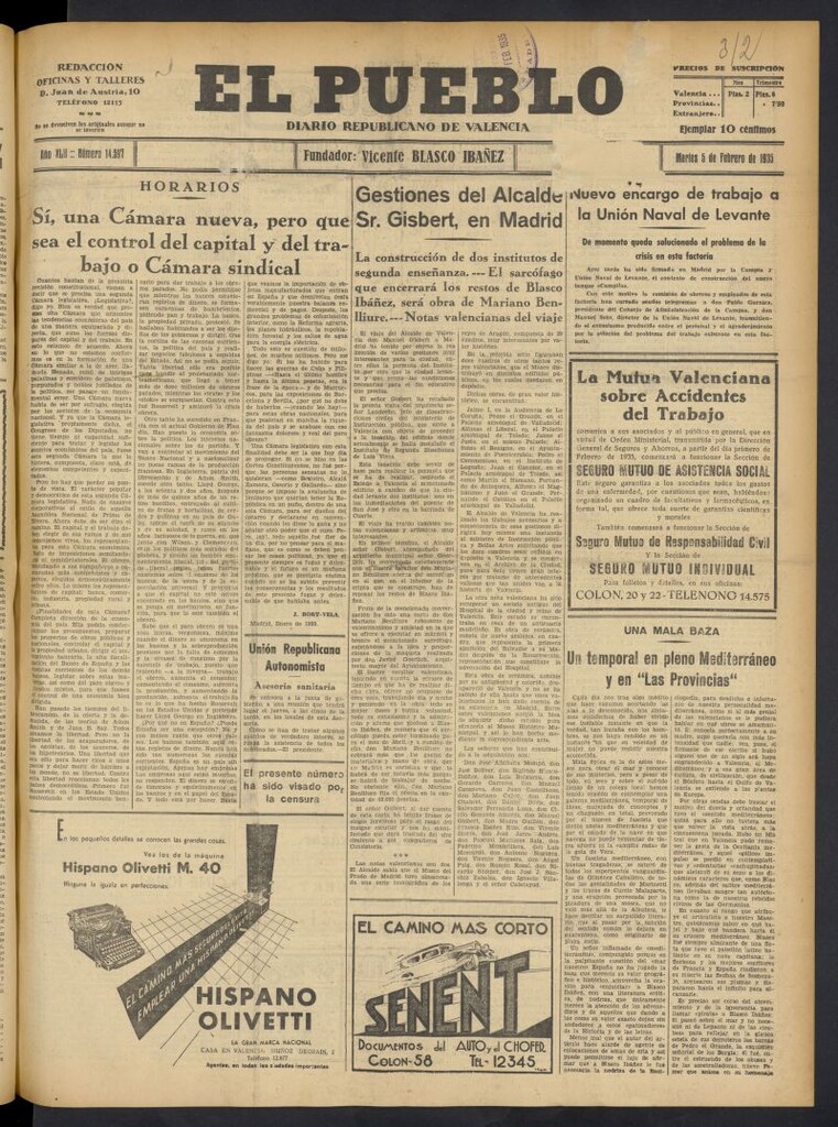 Miniatura de El Pueblo : Diario republicano de Valencia del 5 de febrero de 1935, nº 14.597