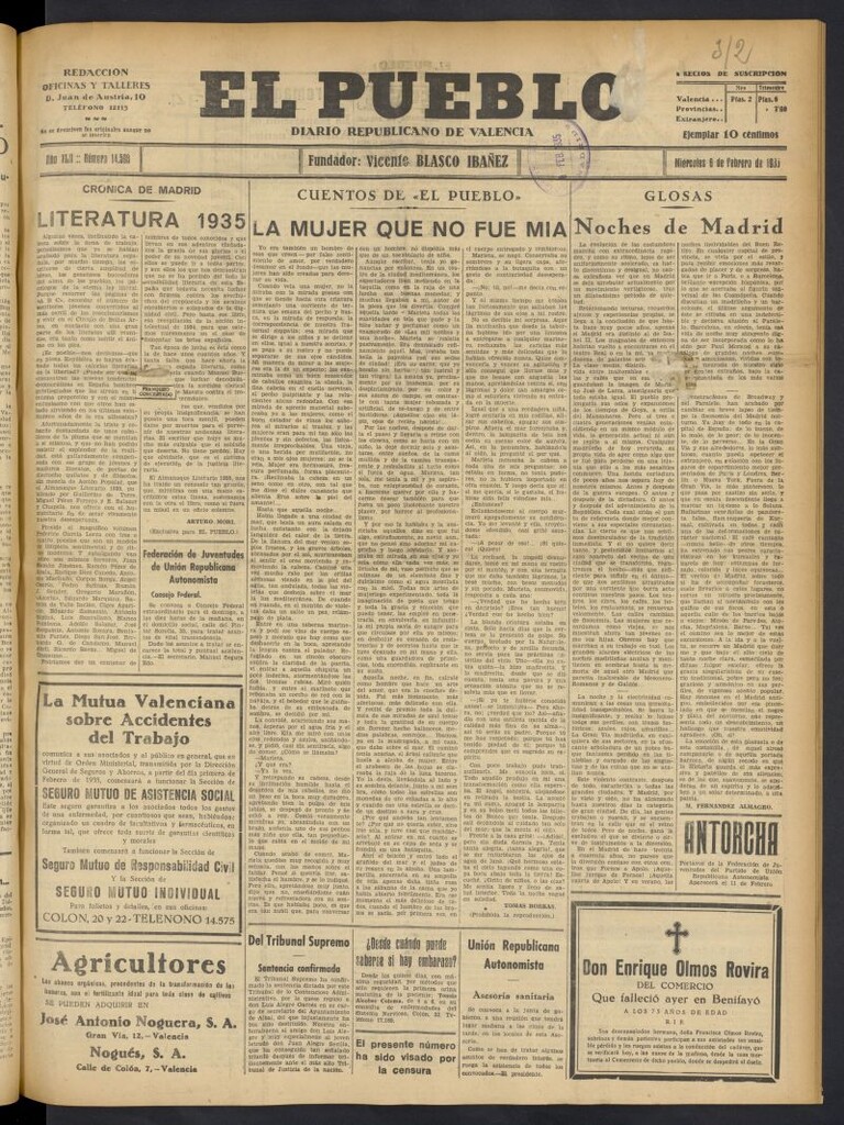 Miniatura de El Pueblo : Diario republicano de Valencia del 6 de febrero de 1935, nº 14.598