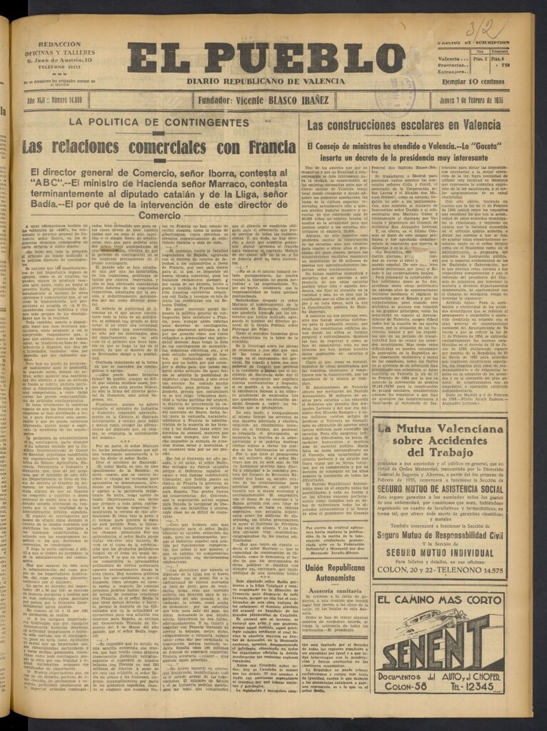 Miniatura de El Pueblo : Diario republicano de Valencia del 7 de febrero de 1935, nº 14.599